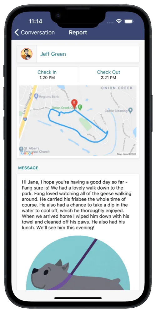 Shady Waggers visit report with a GPS tracked walk map and caregiver notes